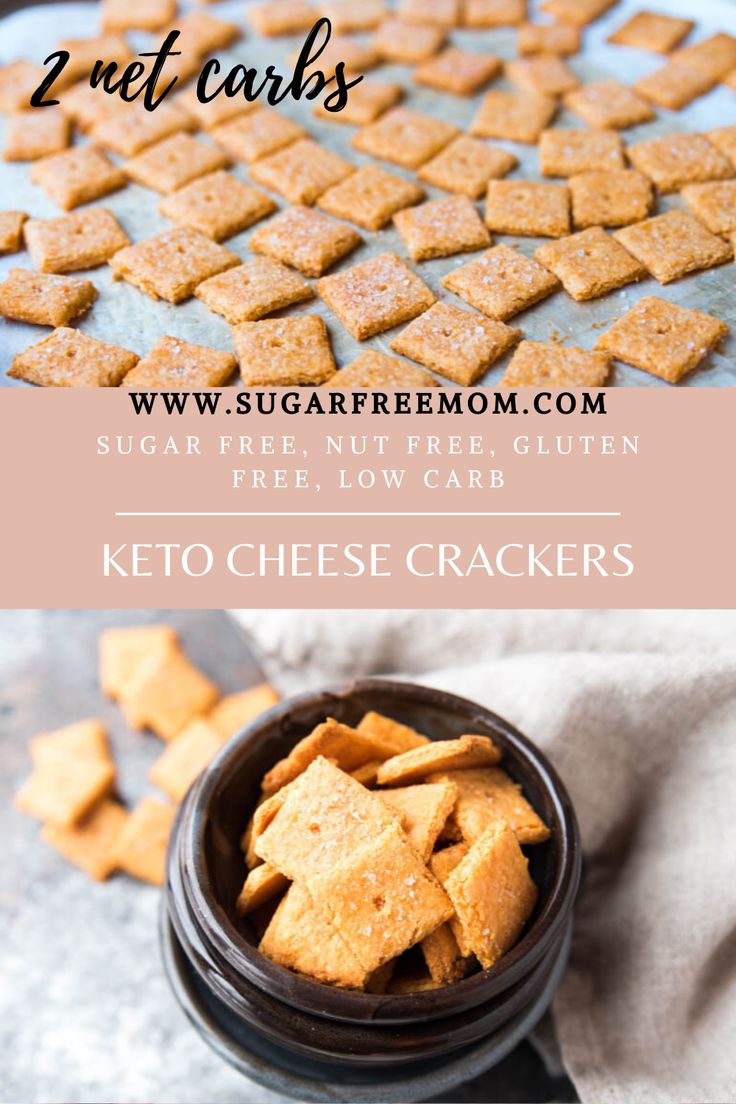 keto cheese crackers on a baking sheet with text overlay that reads, 2 net carbs