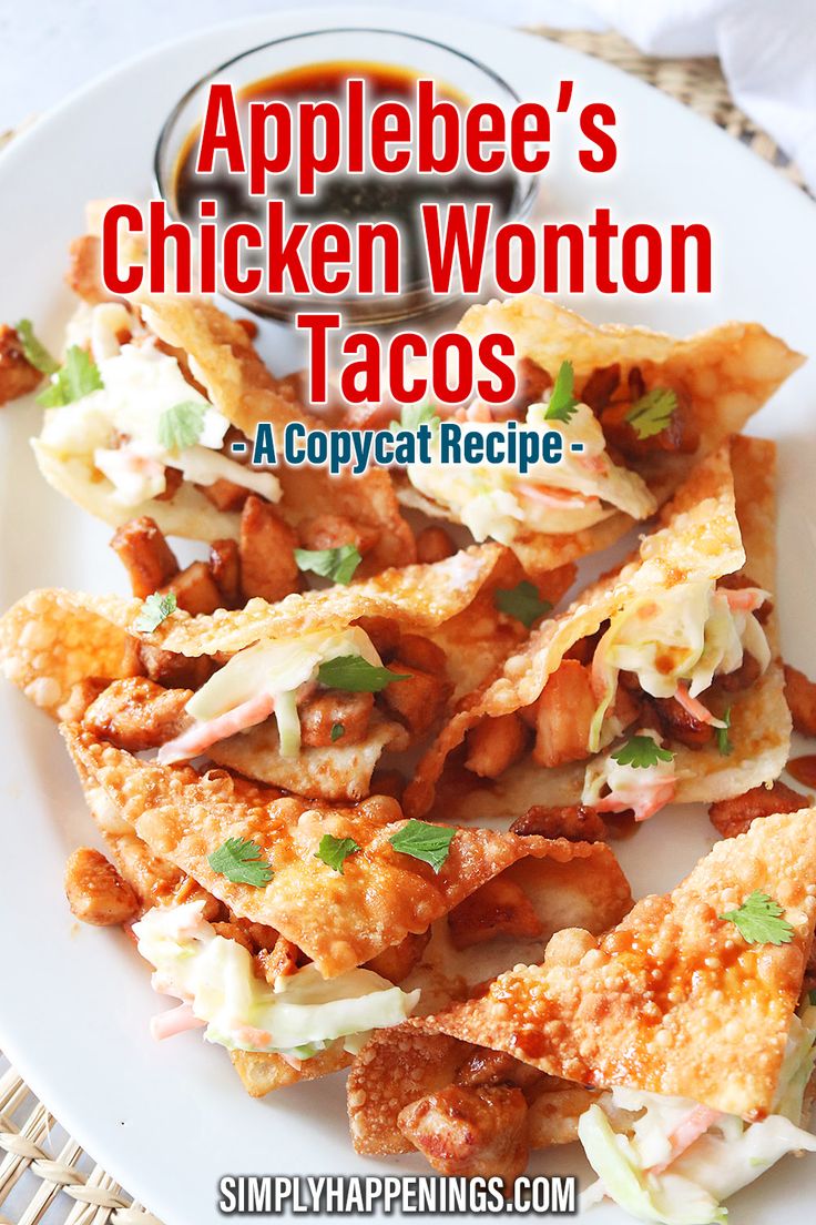 applebee's chicken wonton tacos on a white plate with text overlay