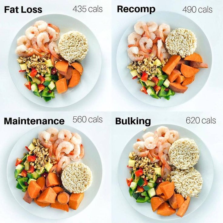 four plates with different types of food on them, including shrimp, carrots and rice