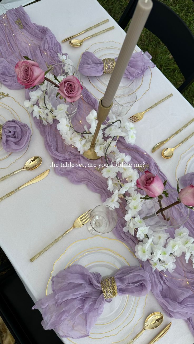 Purple Pink And Gold Quince, Bridgeton Centerpieces, Tea Party Bouquet, Color Scheme Party Ideas, Purple Tea Party Aesthetic, Lavender And White Party Decorations, Purple Flowers Table Decor, Bridal Shower Decorations Lavender, Blush Theme Party