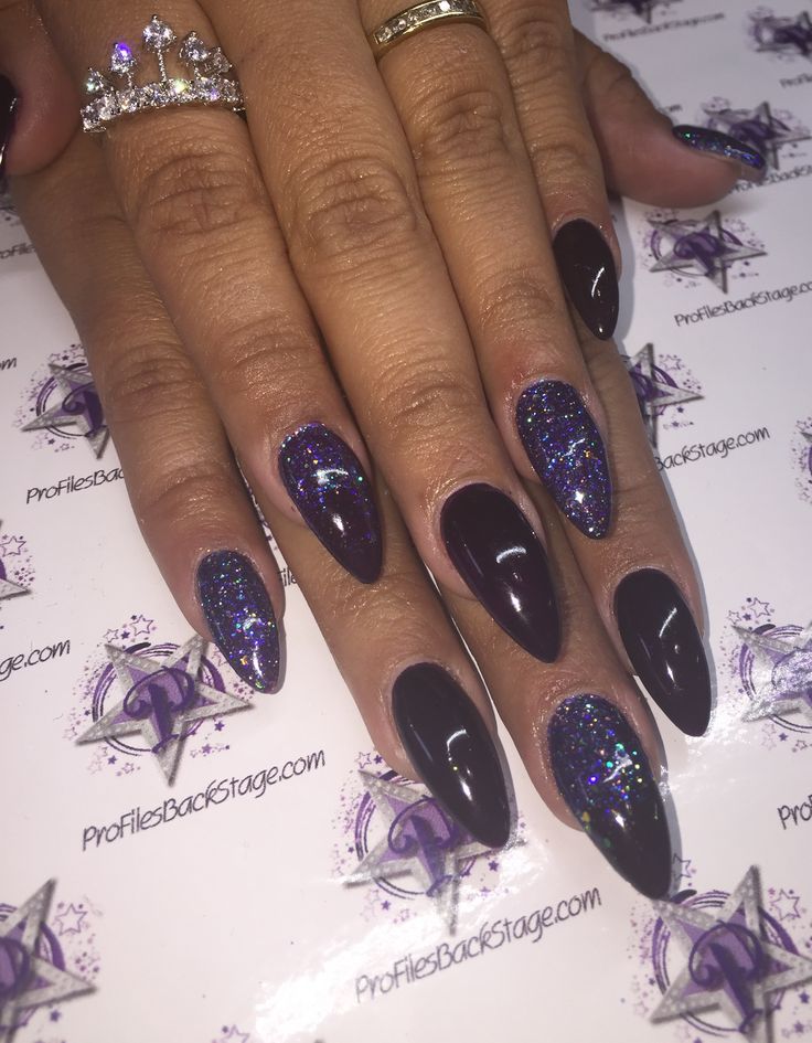 Exclusive nail couture gel polish on acrylic. Dark purple with grape smoothie glitter Profiles nail salon Purple Accent Nails, Prom Nails Purple Dark, Dark Sparkly Nails, Nails Acrylic Dark, Dark Purple Prom Nails, Simple Nails Acrylic, Purple Black Glitter Nails, Dark Purple Sparkly Nails, Purple Sparkly Nails