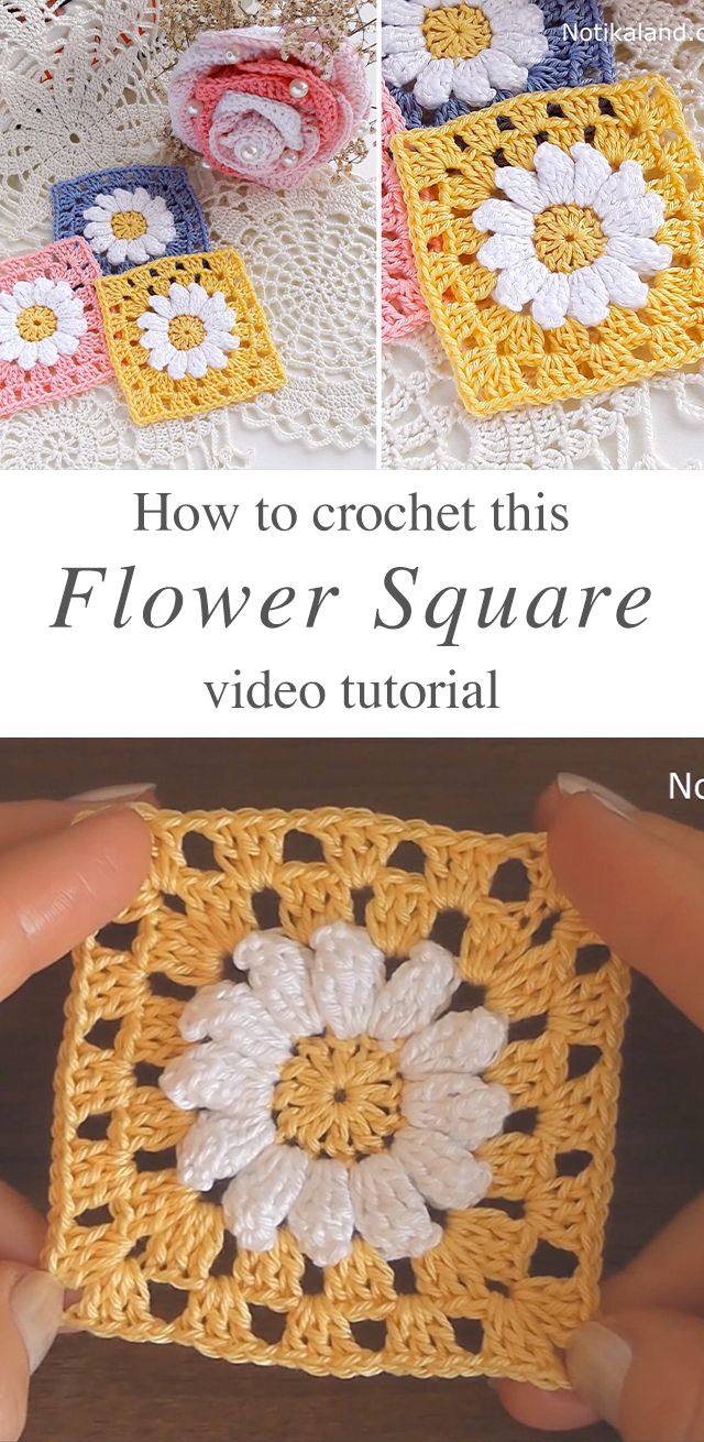 crochet flower square is shown with the video instructions to make it look like they are