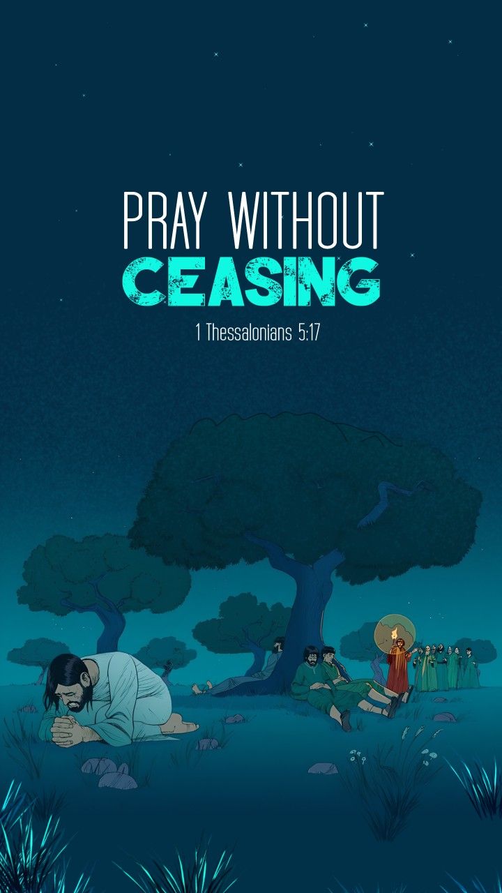 a poster with the words pray without ceasing and an image of two people sitting under