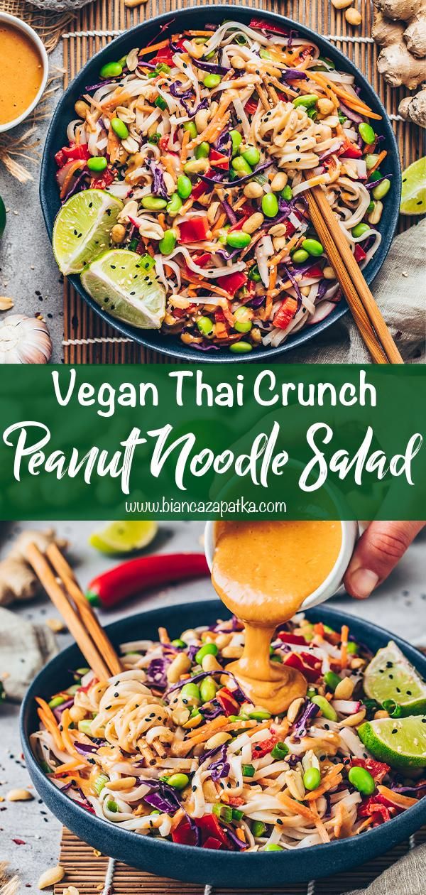 vegan thai crunch salad in a pan with chopsticks and sauce on the side