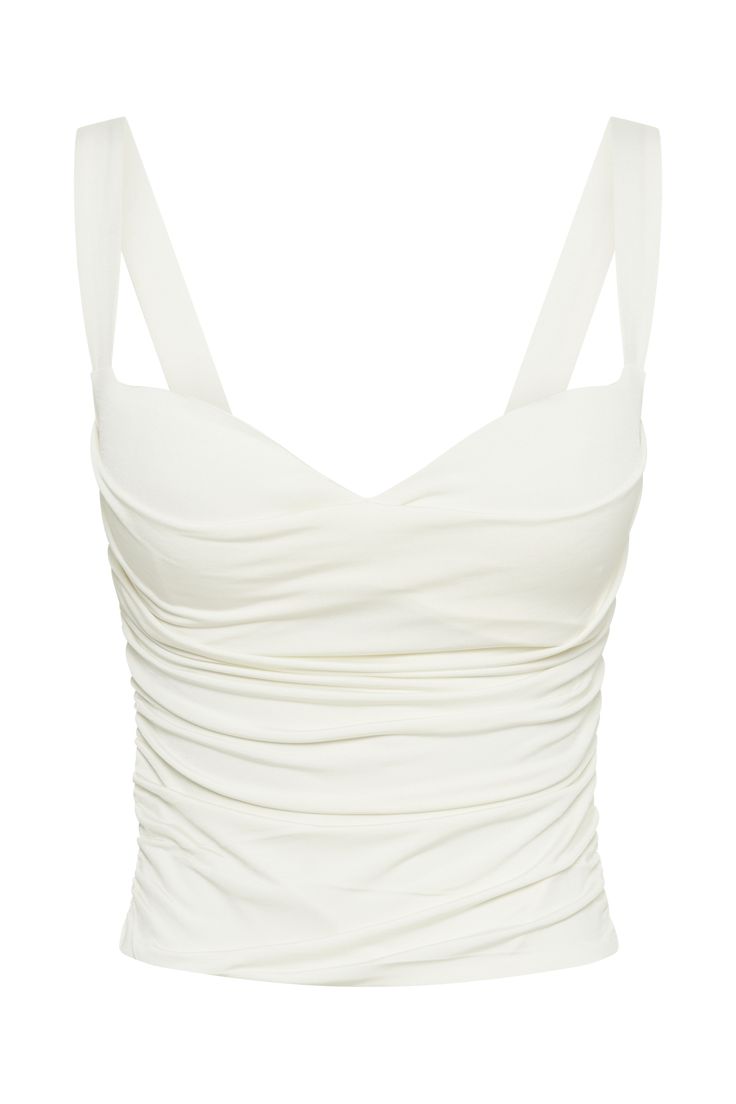 A total sweetheart.The HAILEY is a classic top that features a gorgeous sweetheart neckline and shoulder straps, accentuating your décolletage while securing a comfortable fit. The ruched bodice enhances its figure-hugging silhouette. The medium stretch allows this piece to move with the body which makes it ideal for all-day wear. Pair it with your favourite MESHKI denim jeans to complete the look. New and improved fit. FEATURES: Sweetheart neckline Removable foam cups Fixed ruching at side seam Fitted Top With Adjustable Straps And Sweetheart Neckline, Chic Fitted Bodice Top With Spaghetti Straps, Elegant Fitted Top With Ruched Bodice, Elegant Tops With Spaghetti Straps And Fitted Bodice, Chic Ruched Camisole With Spaghetti Straps, Elegant Summer Tops With Ruched Back, White Dainty Top, Fitted Tops With Sweetheart Neckline And Straps, Seamless Sweetheart Neckline Tops For Summer