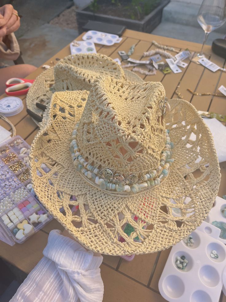 Coastal Cowgirl Tablescape, Make Your Own Cowgirl Hat, Summer Cowgirl Hat, Coastal Cowgirl Sorority Theme, Coastal Cowgirl Party Theme, Coastal Cowgirl Theme, Decorating Cowgirl Hats, Coastal Cowgirl Tattoo, Cowgirl Hat Decorating Ideas