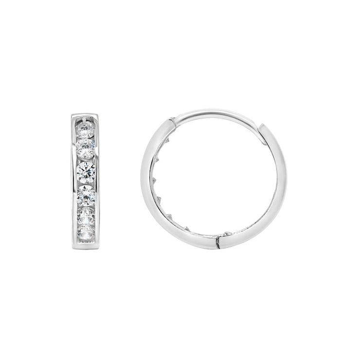 Decorated with dazzling, round-cut cubic zirconia gemstones, these 14k gold huggie hoops are sure to light up your look. Decorated with dazzling, round-cut cubic zirconia gemstones, these 14k gold huggie hoops are sure to light up your look. Length: 3/8 in. Backings: click-it Metal: 14k gold Plating: rhodium Finish: polished Packaging: boxedSTONE DETAILS Stone type: cubic zirconia Total weight: 1/4 ct. Shape: round brilliant Setting: channel Size: One Size. Color: White. Gender: female. Age Grou Channel Set Cubic Zirconia Earrings Fine Jewelry, Dazzling Round Cut Huggie Earrings With Prong Setting, White Gold Hoop Earrings With Sparkling Stones, Formal Sparkling Stone Huggie Earrings, Formal Huggie Earrings With Sparkling Stones, Cubic Zirconia Diamond Cut Hoop Earrings, White Gold Huggie Earrings With Sparkling Cubic Zirconia, Dazzling Diamond White Huggie Earrings With Prong Setting, Diamond Cut Cubic Zirconia Hoop Earrings