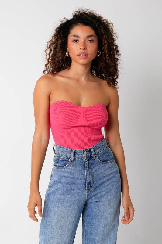 Pink Strapless Sweater Top Neon Pink Top Outfit, Pink Tube Top Outfit, Pink Top Outfit, Tube Top Outfit, Neon Pink Tops, Ribbed Tube Top, Pink Pant, Tube Top Outfits, Knit Tube Top