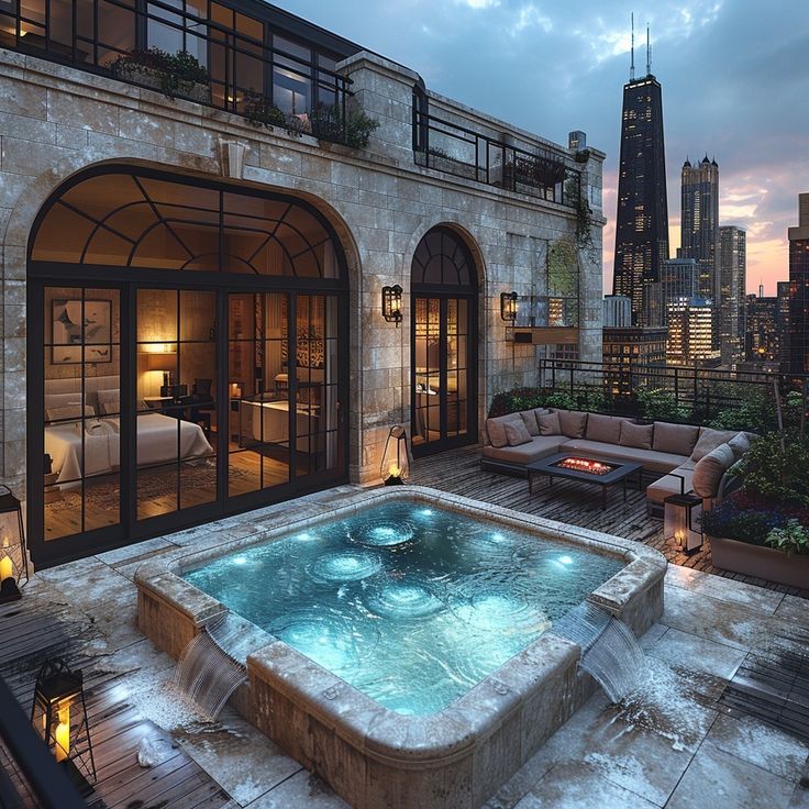 an outdoor hot tub in the middle of a patio