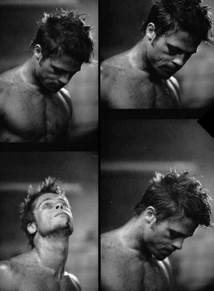 multiple shots of a shirtless man looking up at something in the air with his eyes closed