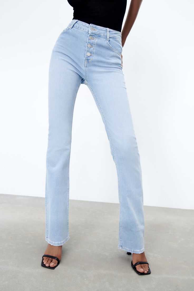 Z1975 HIGH RISE BUTTON FLY FLARED JEANS - Light blue | ZARA United States Trendy Medium Wash Jeans With Button Closure, Trendy Medium Wash Jeans With Snap Buttons, Fitted Jeans With Snap Buttons, Casual High Rise Jeans With Button Closure, High Rise Jeans With Snap Buttons, High Rise Denim Jeans With Snap Buttons, Casual Denim Jeans With Snap Buttons, Casual Light Wash Jeans With Snap Buttons, High Rise Light Wash Jeans With Snap Buttons