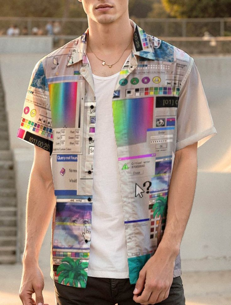 Glitch Vaporwave Hawaiian Shirt Vaporwave Outfit, Swaggy Clothes, Marry Xmas, Vaporwave Fashion, Epic Clothes, Vaporwave Art, Cuff Detail, Sleeve Cuff, Tshirt Skirt