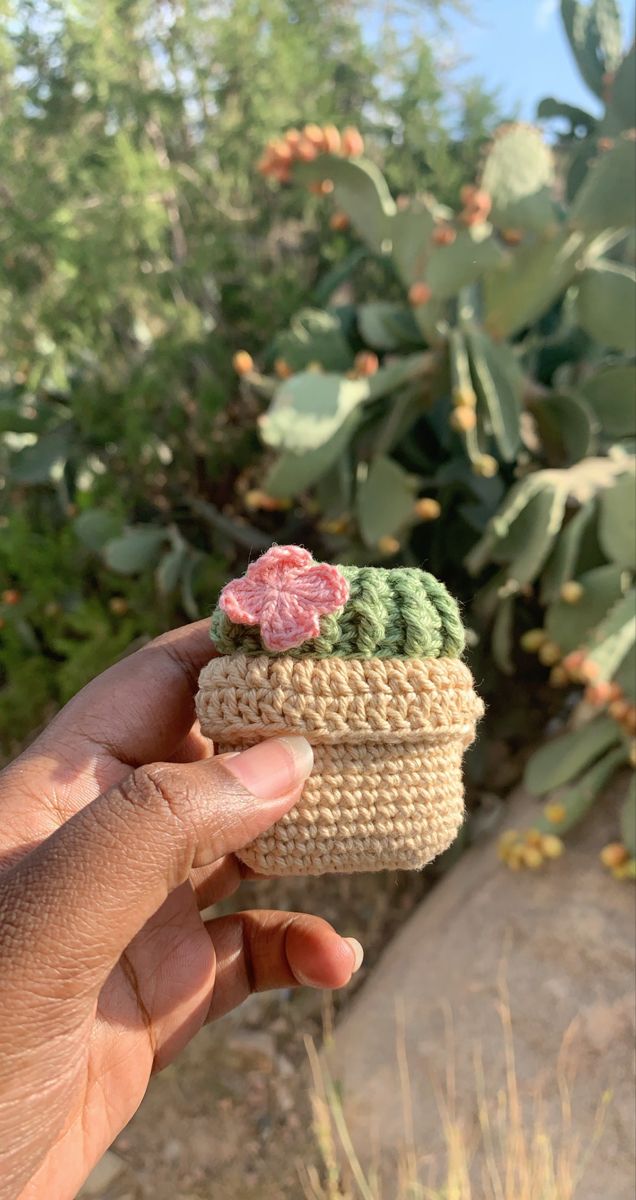 a hand holding a small crocheted basket with flowers on it in front of cactus plants