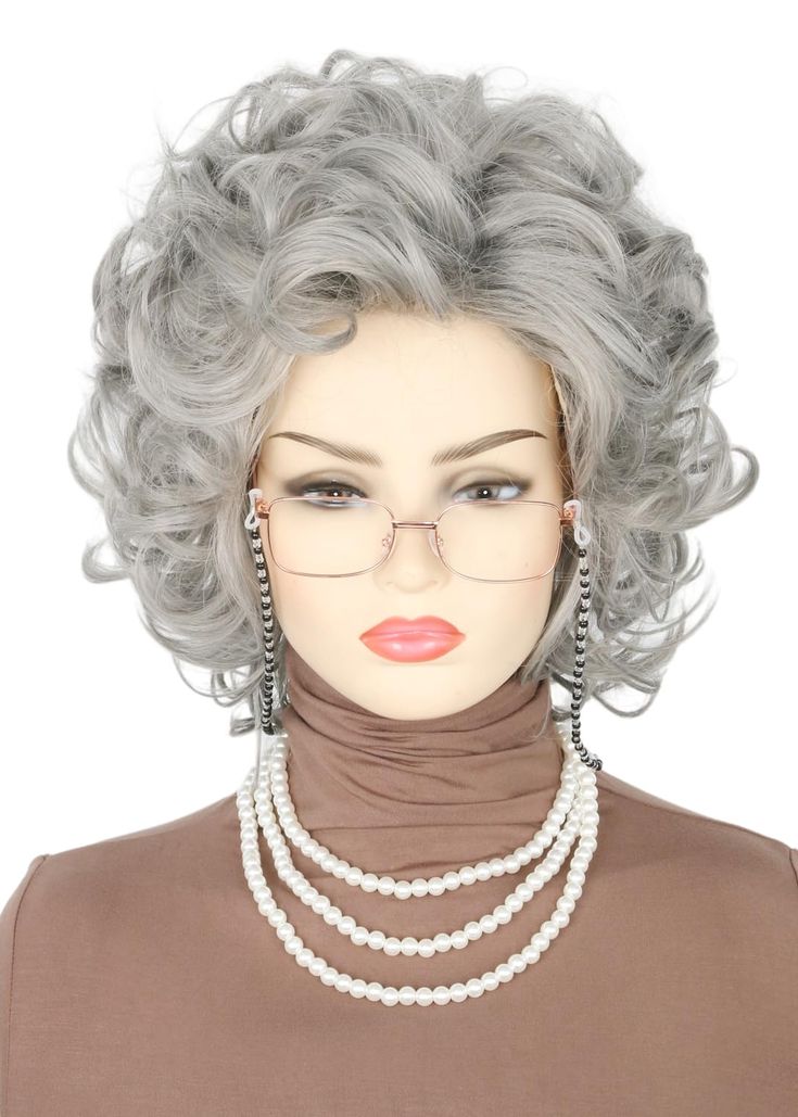 PRICES MAY VARY. FULL COSTUME SET: Includes 1 x Old Lady Wig; 1 x Wig Cap; 1 x Granny Glasses; 1 x Eyeglass Chains Strap; 1 x Faux Pearl Beads Necklaces;full costume set for a complete granny costume look. REALISTIC STYLE: The long curly grey hairstyle and accessories capture the look of a sweet elderly woman for fun dress up play SOFT SYNTHETIC FIBERS: The wig is made of lightweight and breathable synthetic materials for comfortable wear without irritation EASY TO PUT ON: Simply slide the stret Grandma Wig, Old Lady Wig, Granny Costume, Grey Hairstyle, Grandma Costume, Granny Glasses, Eyeglass Chains, Elderly Woman, Fun Dress