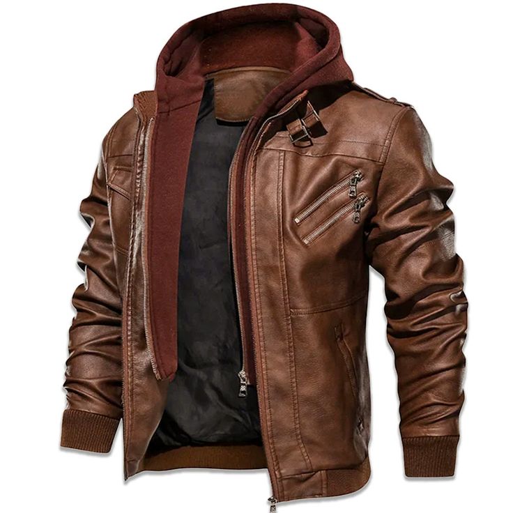 Introducing the ultimate Men's Biker Leather Jacket - a stylish and functional piece designed for fashion-forward men who love to ride motorcycles or simply want to add some edgy style to their wardrobe. This jacket is made from 100% genuine leather and comes in two color options: black and brown, ensuring that you can find the perfect color to match your personal style. One of the standout features of this Men's Biker Leather Jacket is the removable hoodie. This makes the jacket versatile and adaptable, allowing you to wear it in a variety of situations. You can remove the hoodie for a more classic biker look or keep it attached for added warmth and protection in cooler weather. The hoodie is easy to remove and reattach, making it a convenient feature for changing weather conditions. * Moto Style Biker Jacket With Zipper For Outdoor, Outdoor Moto Biker Jacket With Zipper Closure, Urban Brown Biker Jacket For Streetwear, Brown Urban Biker Jacket For Streetwear, Moto Biker Jacket With Pockets For Outdoor, Brown Urban Biker Jacket, Biker Outerwear With Ykk Zipper For Motorcycling, Winter Biker Jacket With Ykk Zipper For Motorcycling, Moto Style Fall Outerwear For Outdoor