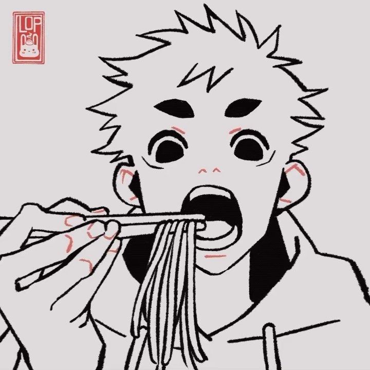 a drawing of a man eating noodles with chopsticks in his mouth and looking surprised