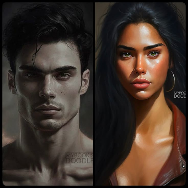 two different images of a woman and a man, one with green eyes the other without