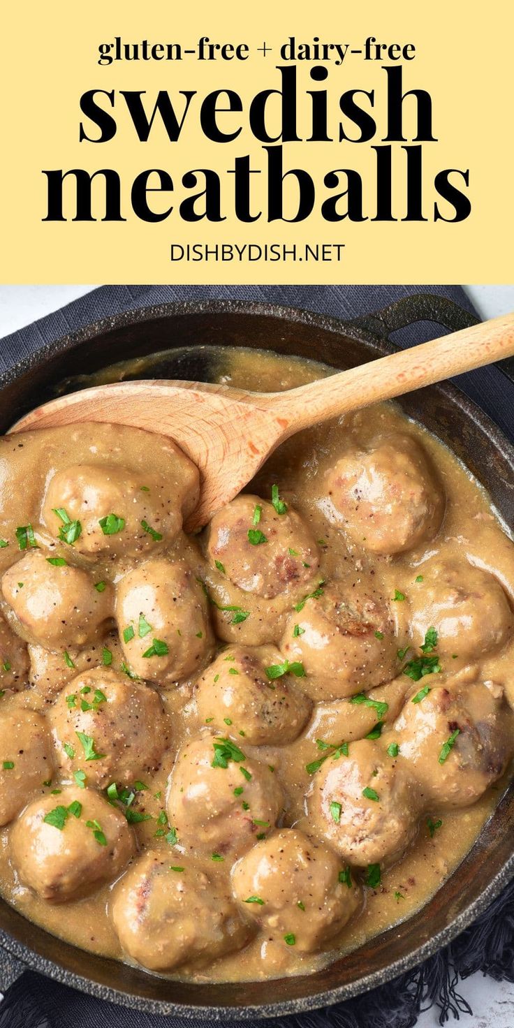 swedish meatballs with gravy in a cast iron skillet and text overlay