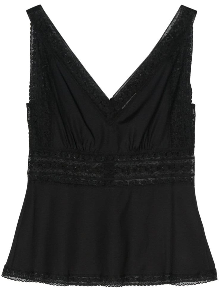 black stretch-silk sheer lace detailing tonal stitching plunging V-neck sleeveless straight hem concealed rear zip fastening Chic V-neck Tank Top With Lace Trim, V-neck Lace Tank Top, Fitted V-neck Camisole With Contrast Lace, Sleeveless Tank Top With Contrast Lace For Spring, Spring Sleeveless Tank Top With Contrast Lace, Fitted V-neck Tank Top For Daywear, Formal V-neck Camisole, Chic V-neck Lace Top For Daywear, Fitted V-neck Lace Top Camisole