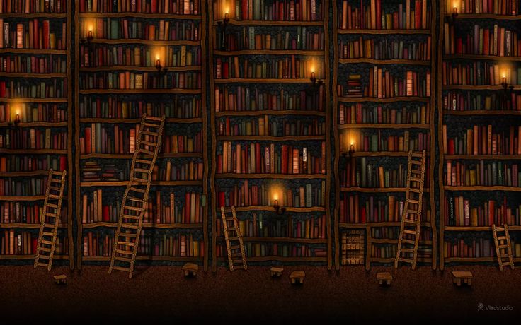 there are many bookshelves with ladders in the room and lights on them