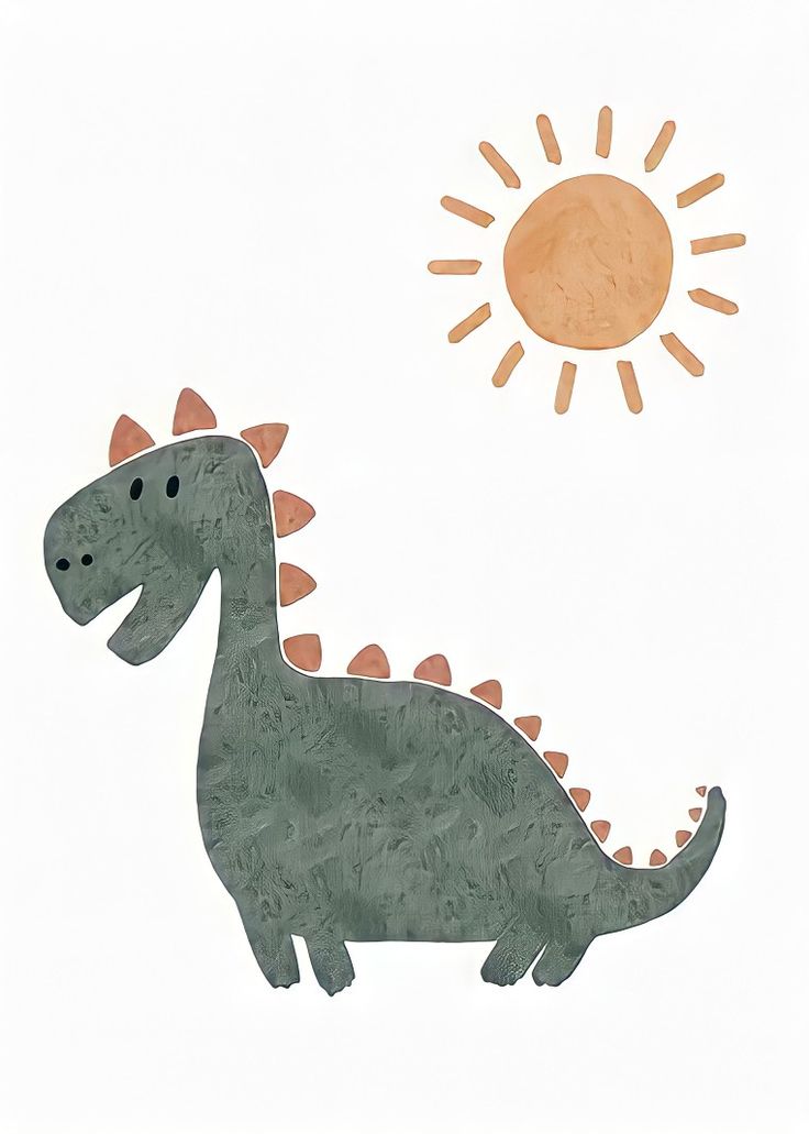 a drawing of a dinosaur with the sun in the background