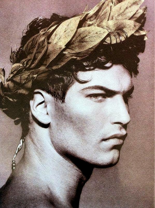 a man wearing a feathered headpiece in front of a purple background with leaves on it