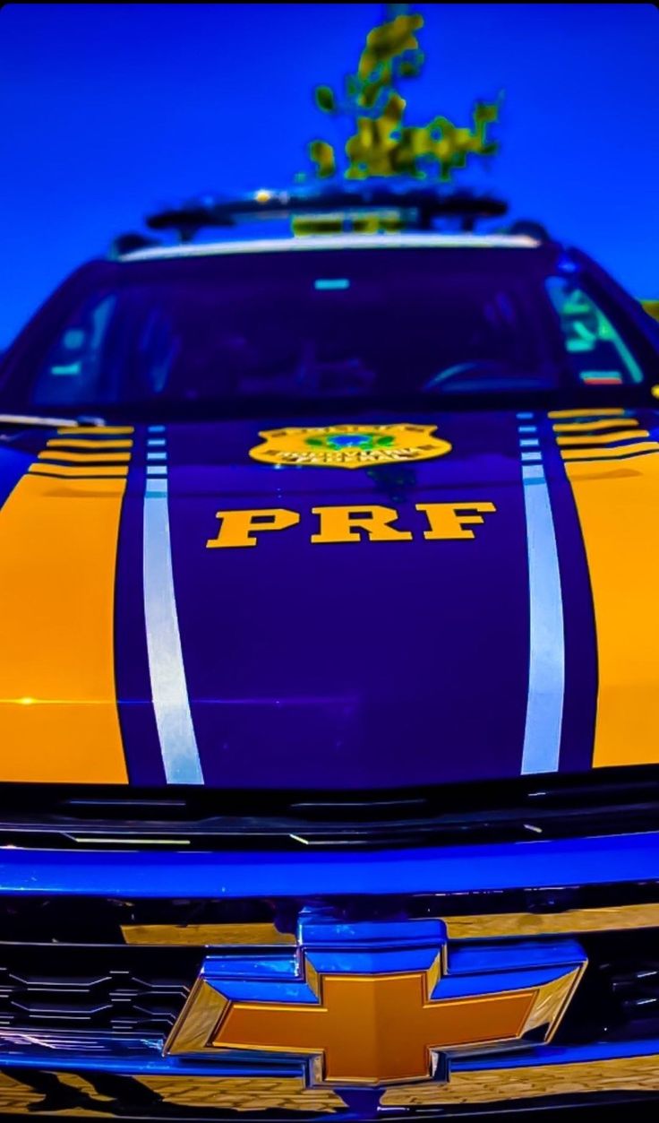 the front end of a yellow and blue chevrolet camaro with a crown on top