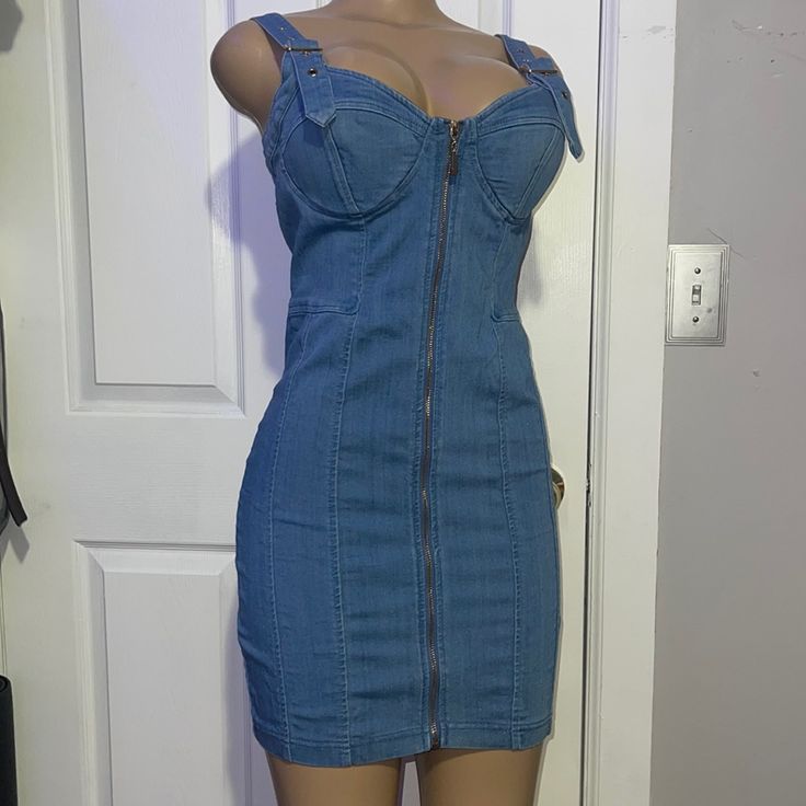 Jean Dress Stretchy Nwt Size Large Any Questions Lmk Medium Wash Fitted Mini Dress For Party, Medium Wash Mini Dress For Party, Sleeveless Medium Wash Mini Dress For Night Out, Blue Sleeveless Denim Dress For Night Out, Blue Sleeveless Denim Dress For Date Night, Sleeveless Blue Denim Dress For Date Night, Fitted Medium Wash Mini Dress For Night Out, Denim Mini Dress For Night Out, Fitted Denim Mini Dress With Back Zipper