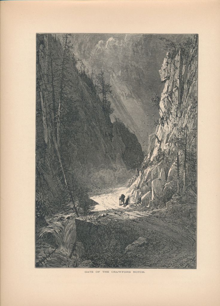 an old black and white drawing of a mountain stream with trees on the side, surrounded by rocky mountains