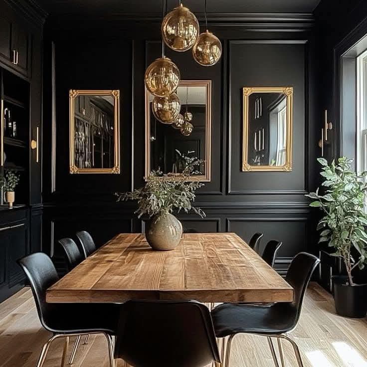 a dining room with black walls and wooden table surrounded by chairs, potted plants and hanging lights