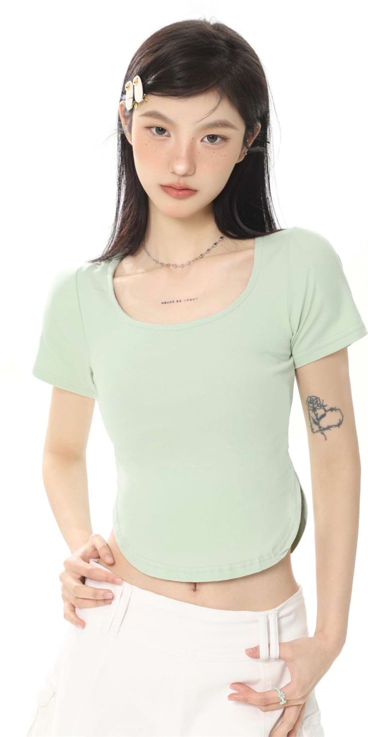 Show off your style with this Cropped U-Neck Curve Hem Baby Tee. It features a comfortable fit and short sleeves for a relaxed look. Wear it alone for a casual look, or layer it under any outfit. Pair it with your favorite skirt or pants for a variety of looks.
Gender: WomenMaterial: PolyesterClothing Length: ShortSleeve Length: Short SleevesSleeve Type: RegularCollar: Square Collar Versatile Fitted Short Sleeve T-shirt, Casual Fitted T-shirt For Loungewear, Green Scoop Neck T-shirt For Everyday, Comfortable Fitted Tops For Everyday, Comfortable Everyday Fitted Tops, Fitted Short Sleeve Bodysuit For Spring, Comfortable Stretch T-shirt For Spring, Basic Short Sleeve Top Relaxed Fit Scoop Neck, Casual Solid Color Short Sleeve Bodysuit For Spring