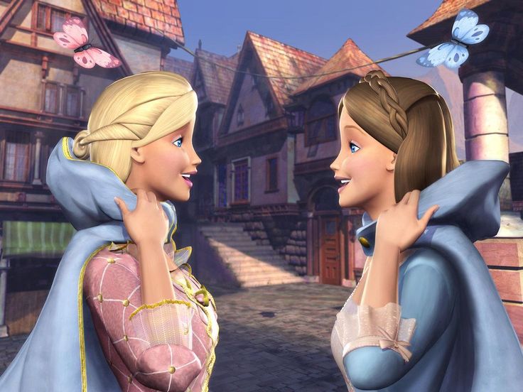 two animated women are talking in front of some houses