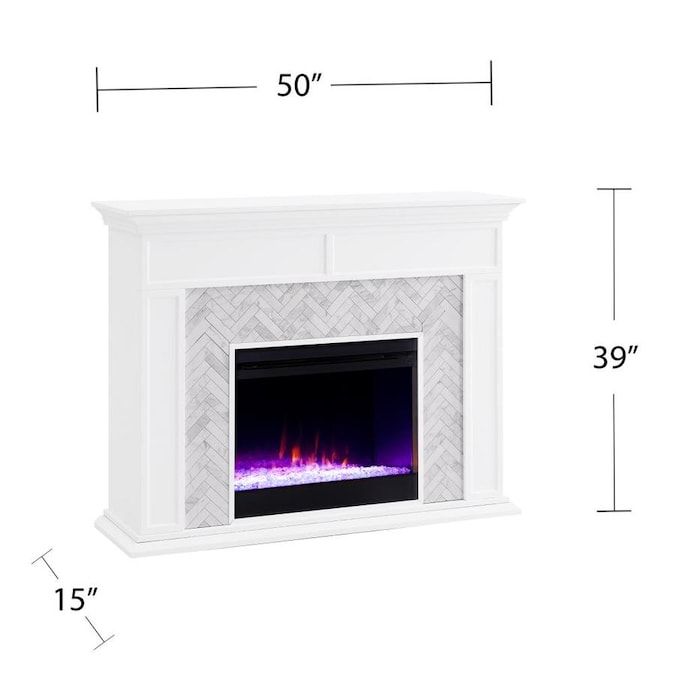 an electric fireplace with the measurements for it's mantle and side panel, shown in white