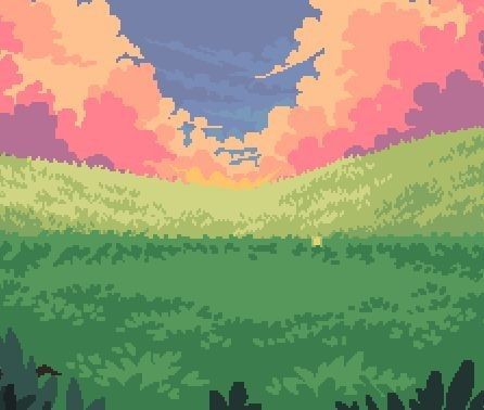 a pixel art landscape with mountains and clouds in the background