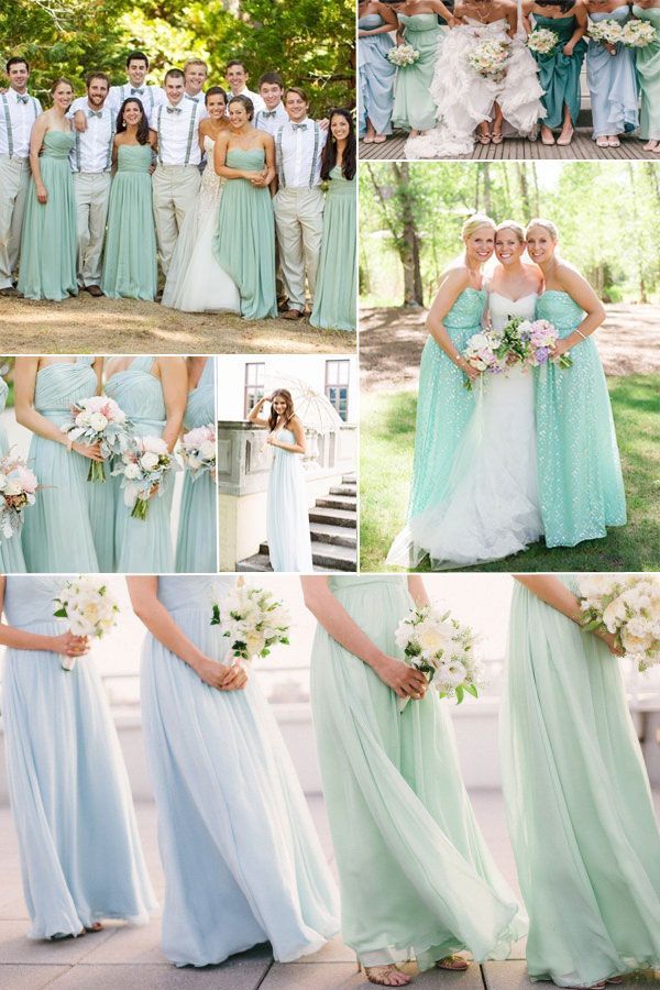 the bride and grooms are posing for pictures in mint green dresses with white bouquets