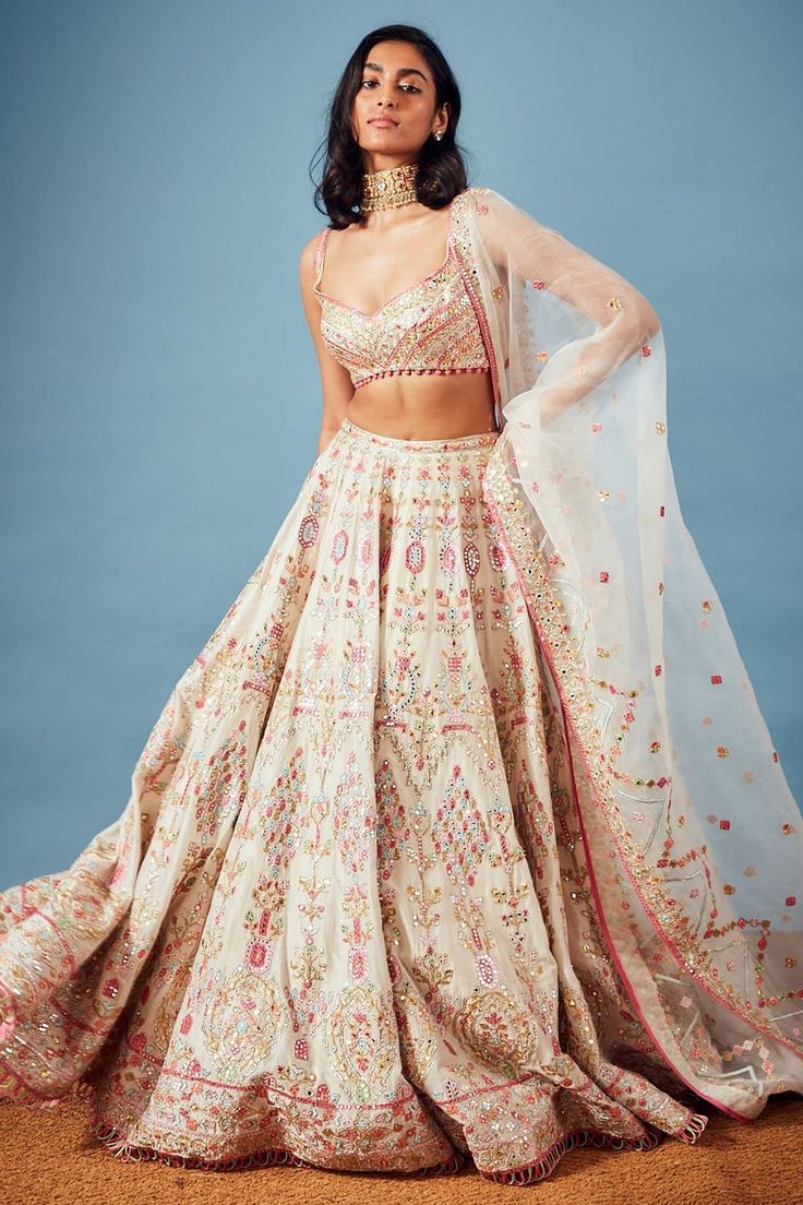 Tamanna Punjabi Kapoor | Ivory Chanderi Mirror Lehenga Set | INDIASPOPUP.COM Mirror Lehenga, Off White Designer, Mirror Work Lehenga, Haldi Outfits, White Lehenga, Trendy Outfits Indian, Traditional Indian Dress, Indian Dresses Traditional, Traditional Indian Outfits