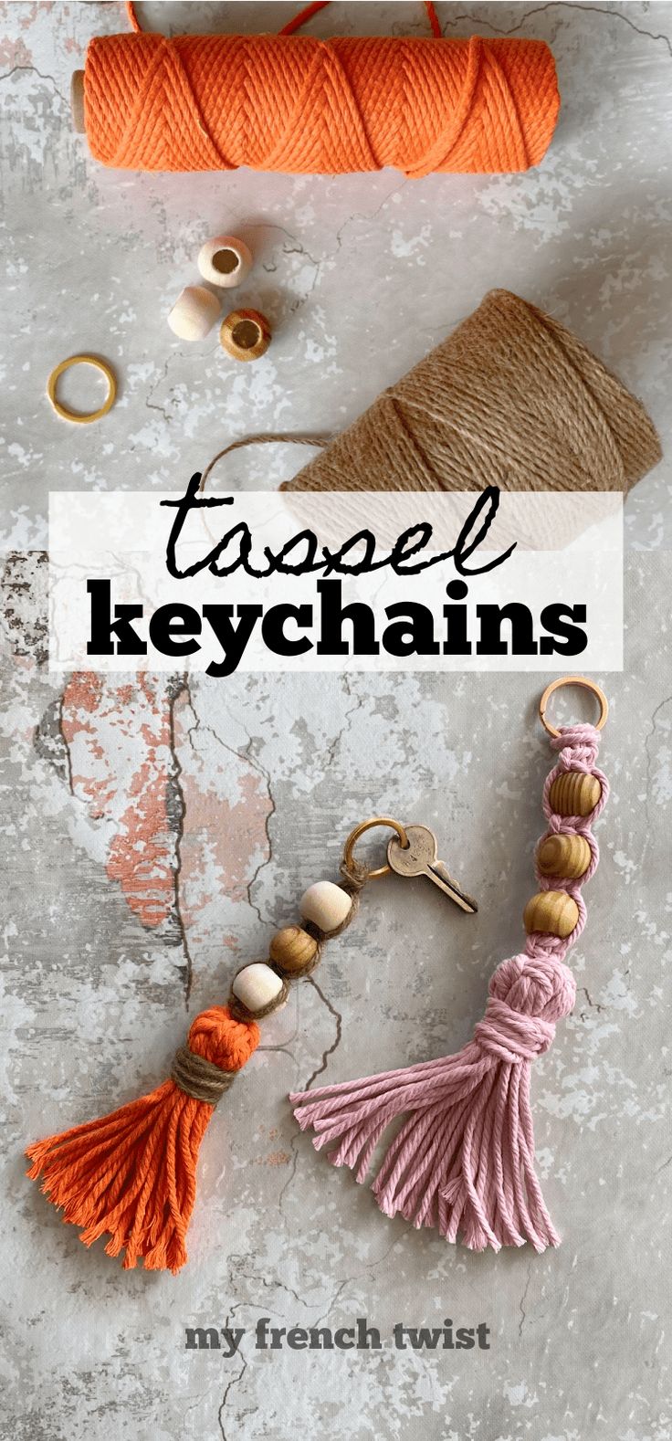 yarn and tassell keychais with text overlay that reads, how to make tassell key chains