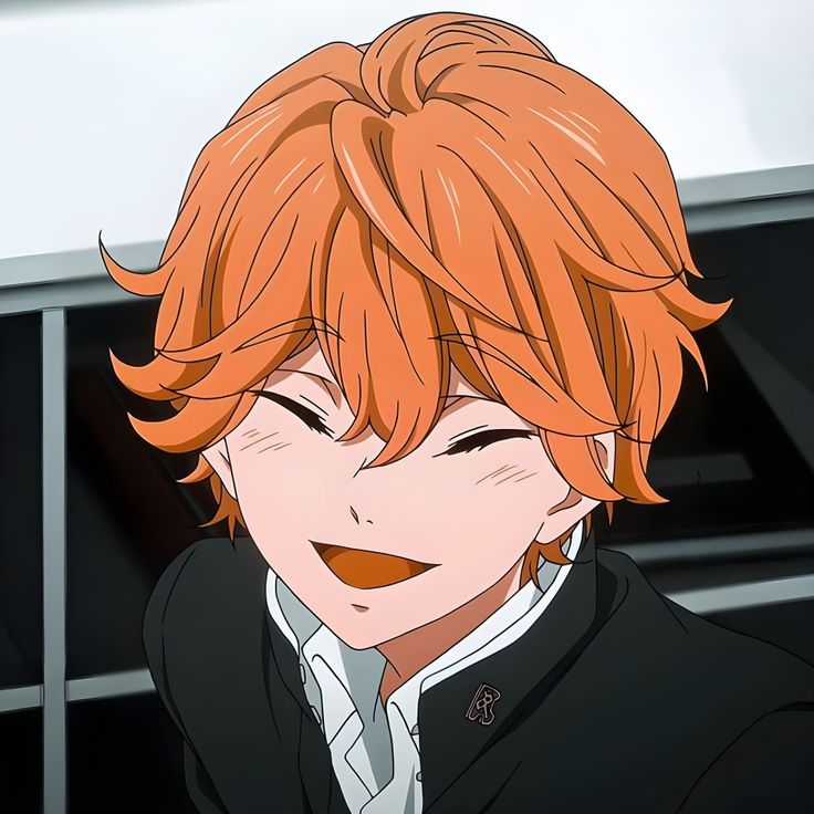 an anime character with orange hair and white shirt smiling at the camera while wearing a black jacket