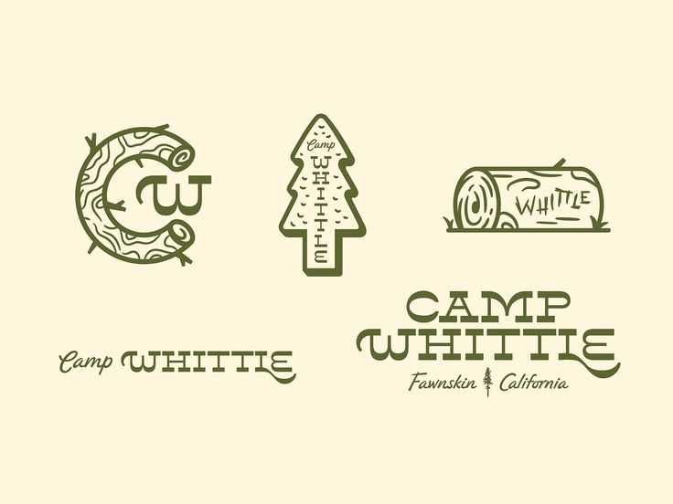 some logos for camp white and the logo is designed by hand drawn lettering, which are green