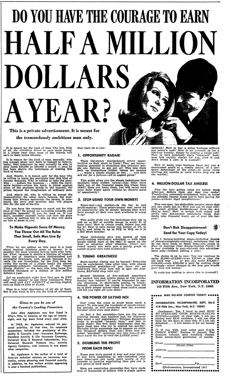 an old newspaper advertisement with a man and woman in black on the front, which reads do you have the courage to earn half a million dollars a year?