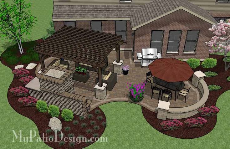 an artist's rendering of a backyard with patio and seating area