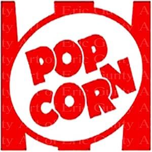 the pop corn logo is red and white with words above it that read pop corn