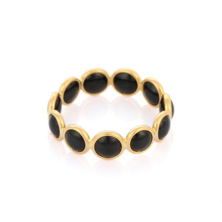 Represent your endless love with our stunning Eternity Band that symbolizes an everlasting bond, hand-crafted beautifully by our artisans. Buy it for yourself or your special one.PRODUCT DETAILS:- Material - 18K Solid Yellow GoldGemstone - Black OnyxGemstone Weight - 4.53 ctGemstone Size - 5 mmGemstone pieces - 11Gemstone shape - RoundGross Weight - 2.173 GramsSetting - Bezel settingShank Width - 2.7 mm Customization available. Everyday Jewelry Gold, Infinity Band, Promise Rings For Couples, Solid Gold Band, Infinity Ring, Black Onyx Stone, Eternity Band Ring, Special One, Gold Band Ring