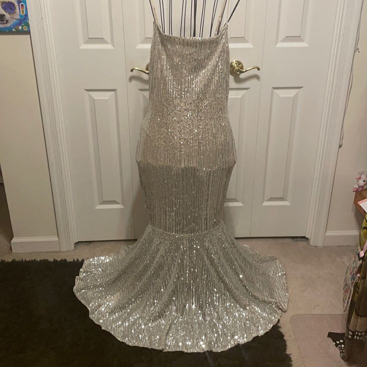 Nwot Beautiful Silver Sequined Sparkly Evening Gown. Has A Nude Lining. By F&P. Never Been Worn. Glamorous Floor-length Sparkling Sequin Fabric, Champagne Floor-length Sequin Dress For Party Season, Wedding Sequin Dress With Contrast Sequin, Maxi Length, Wedding Sequin Dress With Contrast Sequin In Maxi Length, Wedding Maxi Sequin Dress With Contrast Sequin, Glamorous Wedding Mermaid Dress With Sequins, Wedding Floor-length Contrast Sequin Dress, Champagne Sequined Floor-length Evening Dress, Champagne Sequin Evening Dress For Prom