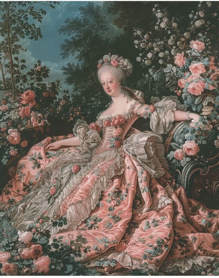 a painting of a woman in a pink dress sitting on a couch surrounded by flowers