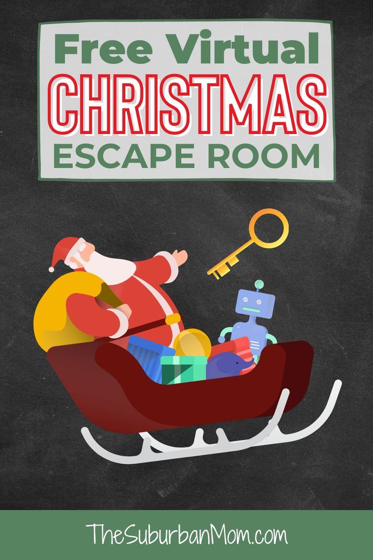 a santa claus sleigh filled with gifts and the text free virtual christmas escape room