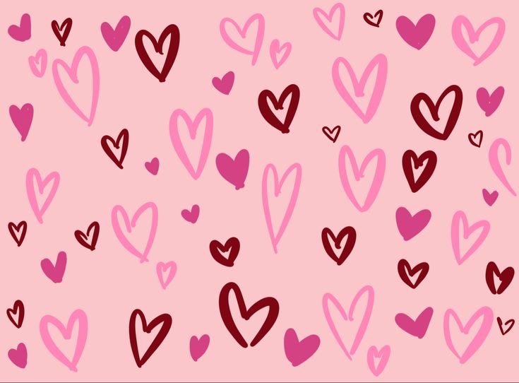 pink and red hearts on a pink background with black outline in the shape of hearts