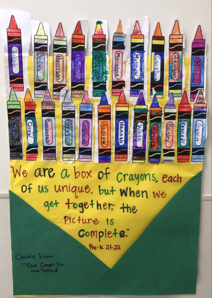 a bulletin board with crayons on it that says we are a box of crayons each of us unique, but when we get together, the picture is complete