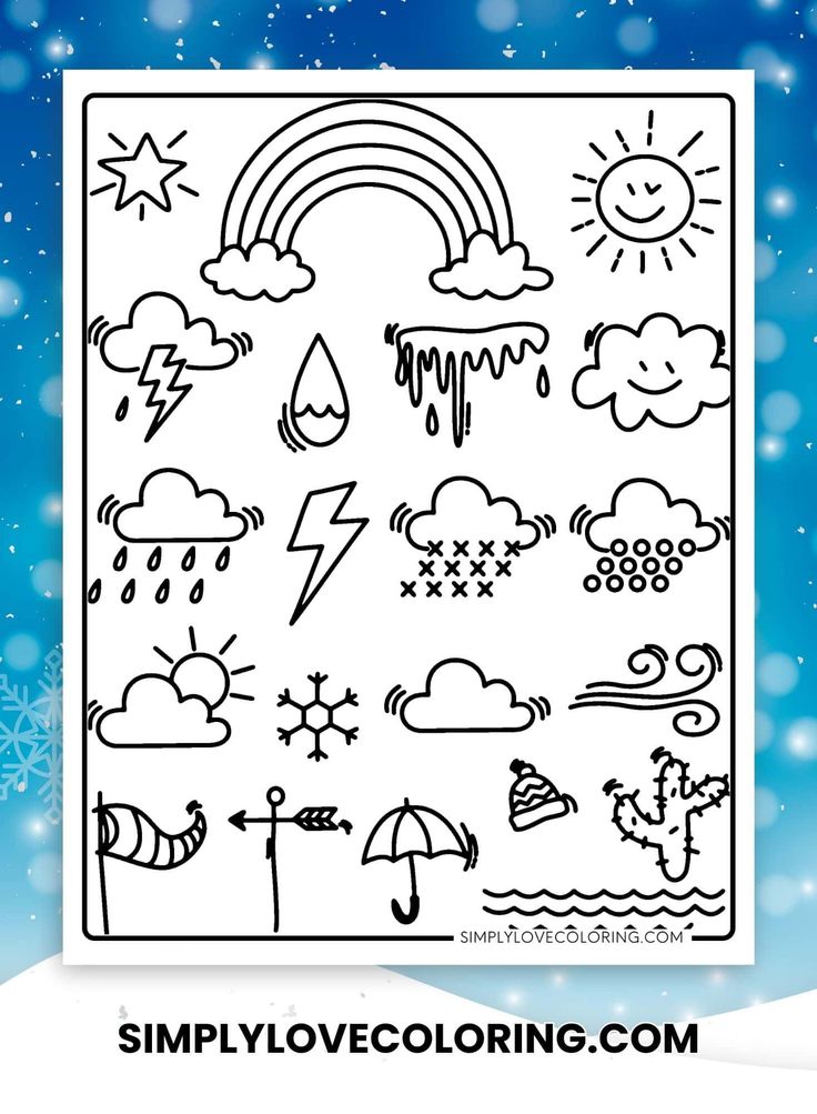 the weather coloring page for kids is shown with snowflakes, clouds and rainbows