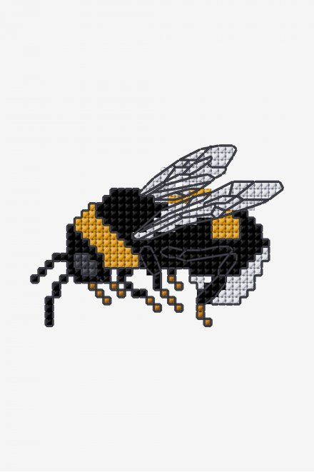 a black and yellow bee is shown in the middle of a cross stitch pattern on a white background